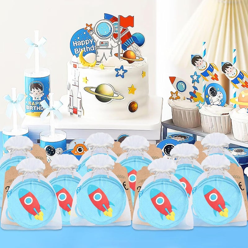 Elecrainbow 36 Pack Rocket Change Purses Set Include 12 Wallets with Keyring,12 Thank YouTags and 12 Organza Bag for Outer Space Science Fiction Themed Party, Kids Baby Shower Birthday Decor, Blue - Image 4
